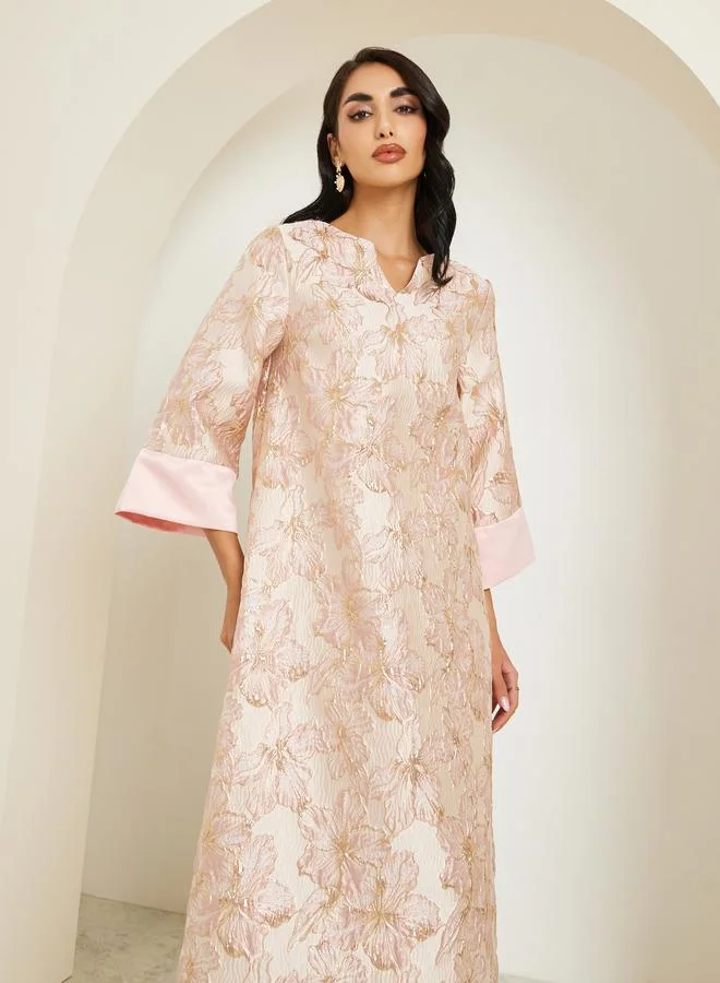Women Pink Floral Jacquard Maxi Jalabiya